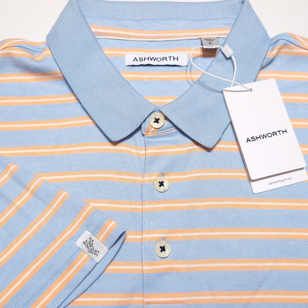 ASHWORTH Golf Polo Shirt Mens Large L Blue Orange NWT Striped Pima Cotton Blend